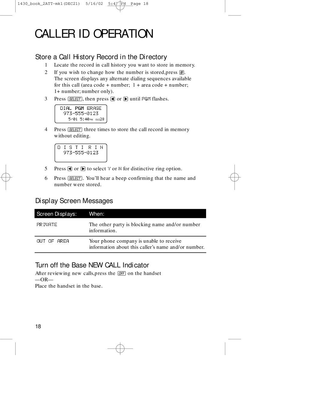 AT&T 1430 user manual Store a Call History Record in the Directory, Turn off the Base NEW Call Indicator 