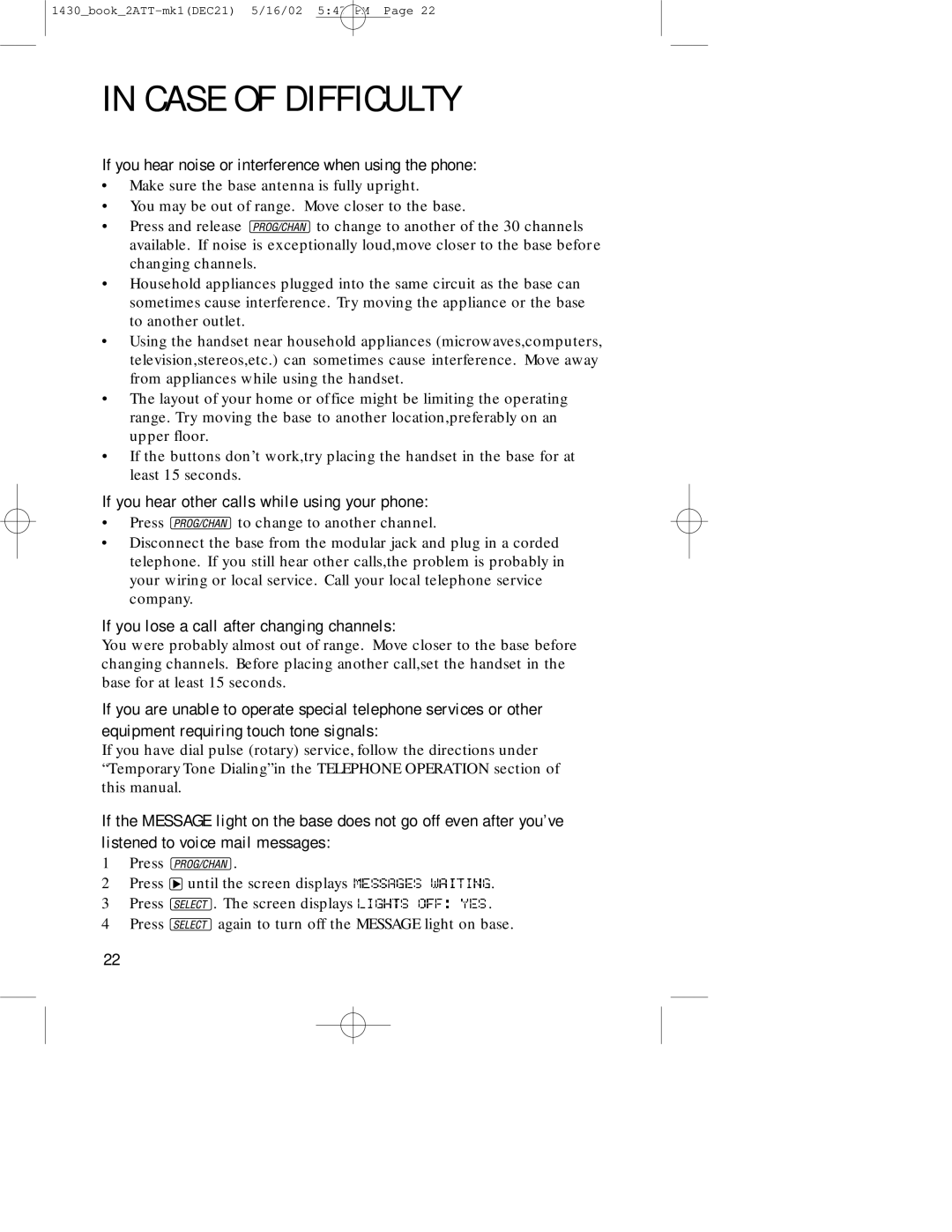 AT&T 1430 If you hear noise or interference when using the phone, If you hear other calls while using your phone 