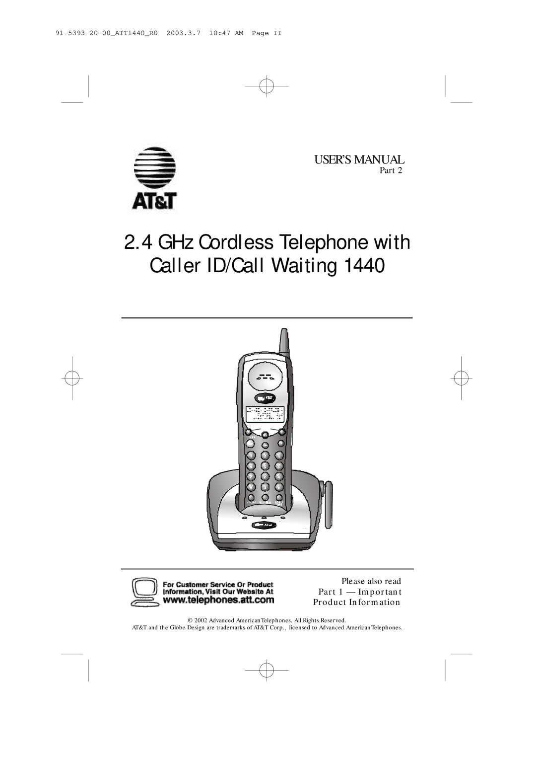 AT&T 1440 user manual GHz Cordless Telephone with Caller ID/Call Waiting 