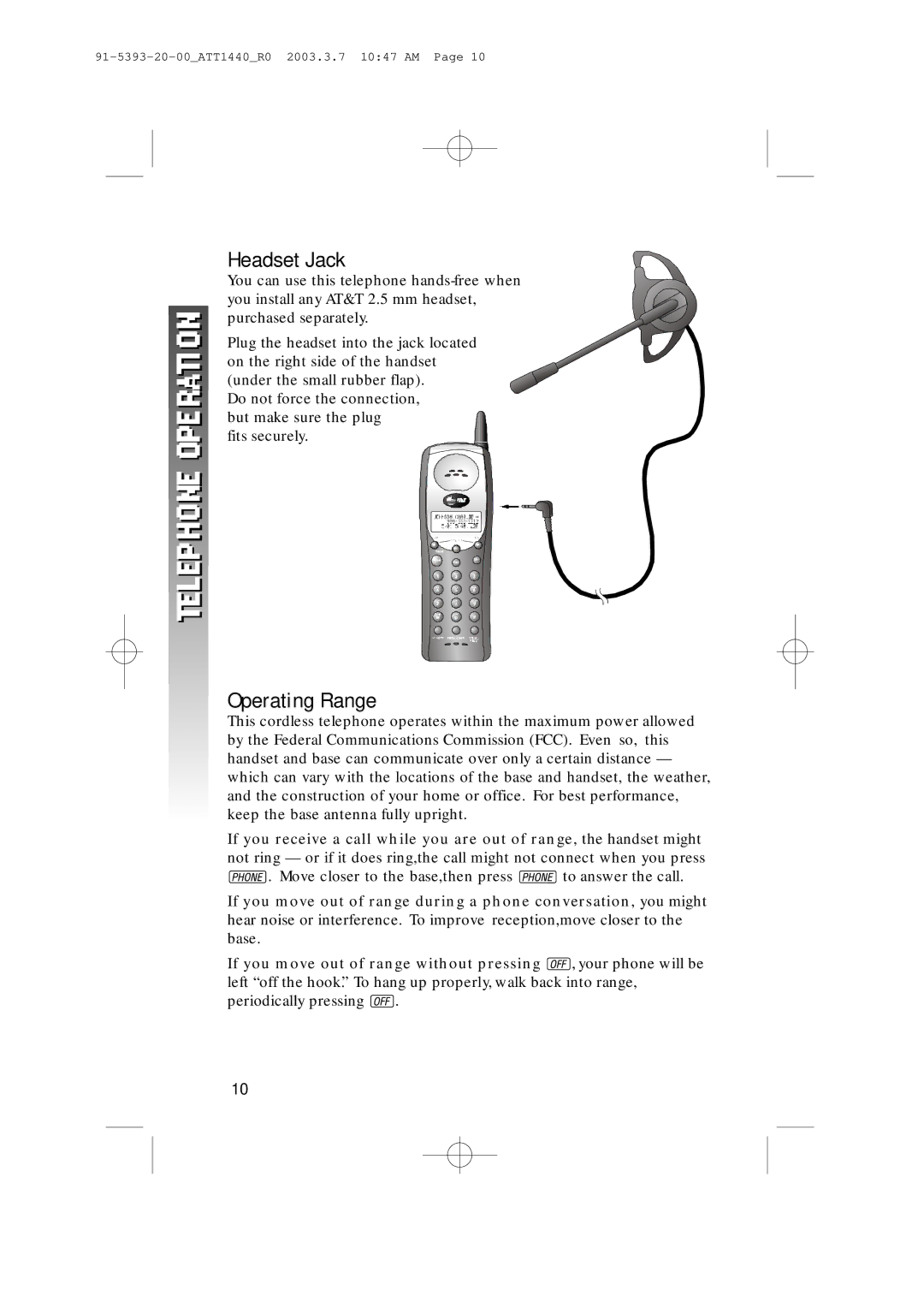 AT&T 1440 user manual Headset Jack, Operating Range 