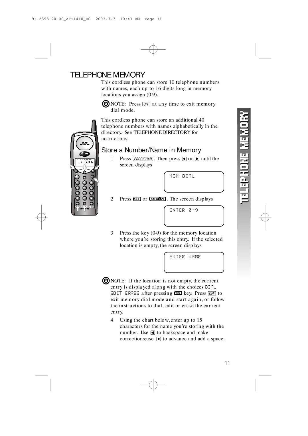 AT&T 1440 user manual Telephone Memory, Store a Number/Name in Memory 