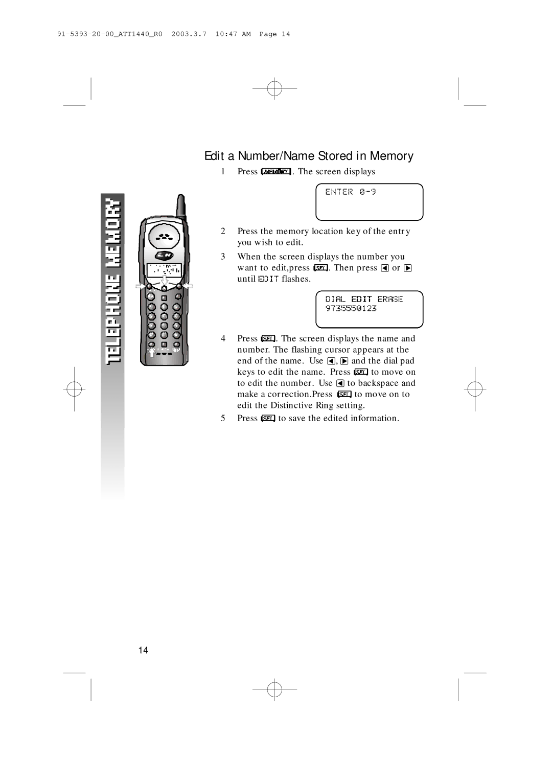 AT&T 1440 user manual Edit a Number/Name Stored in Memory 