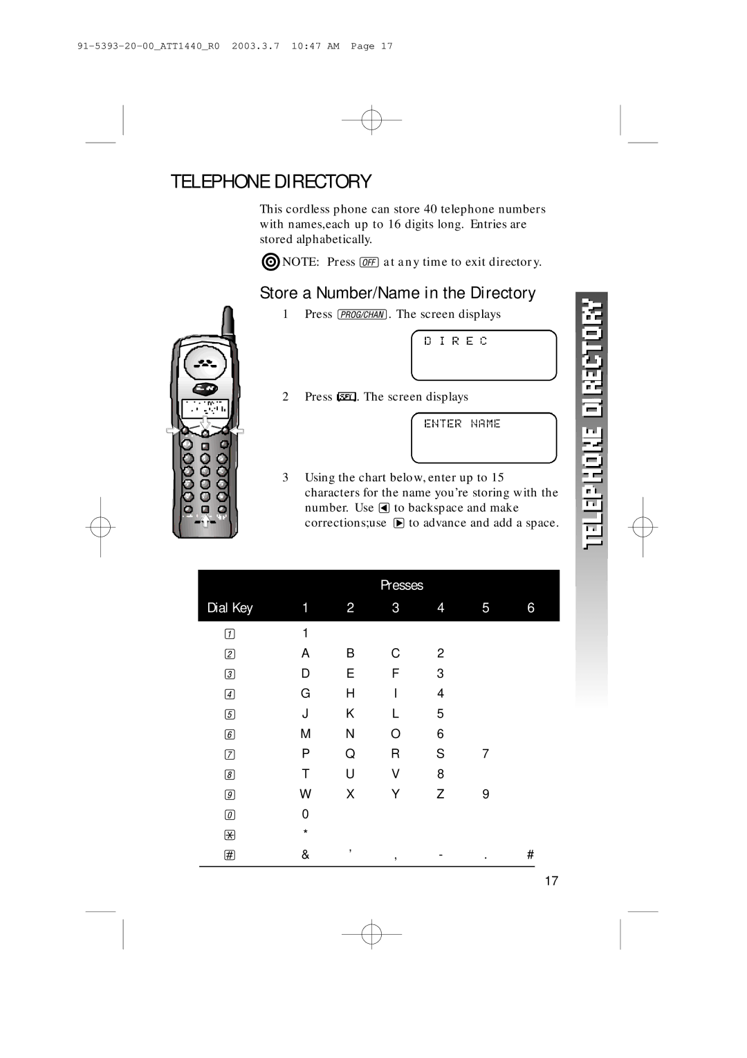 AT&T 1440 user manual Telephone Directory, Store a Number/Name in the Directory 