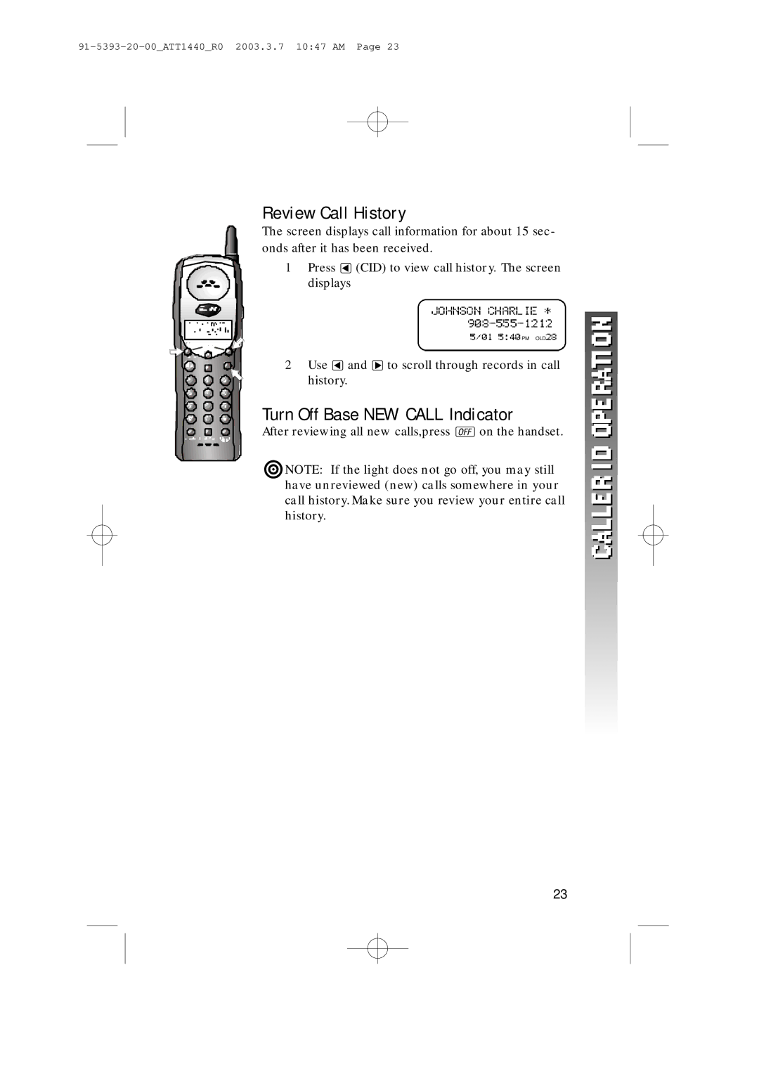 AT&T 1440 user manual Review Call History, Turn Off Base NEW Call Indicator 