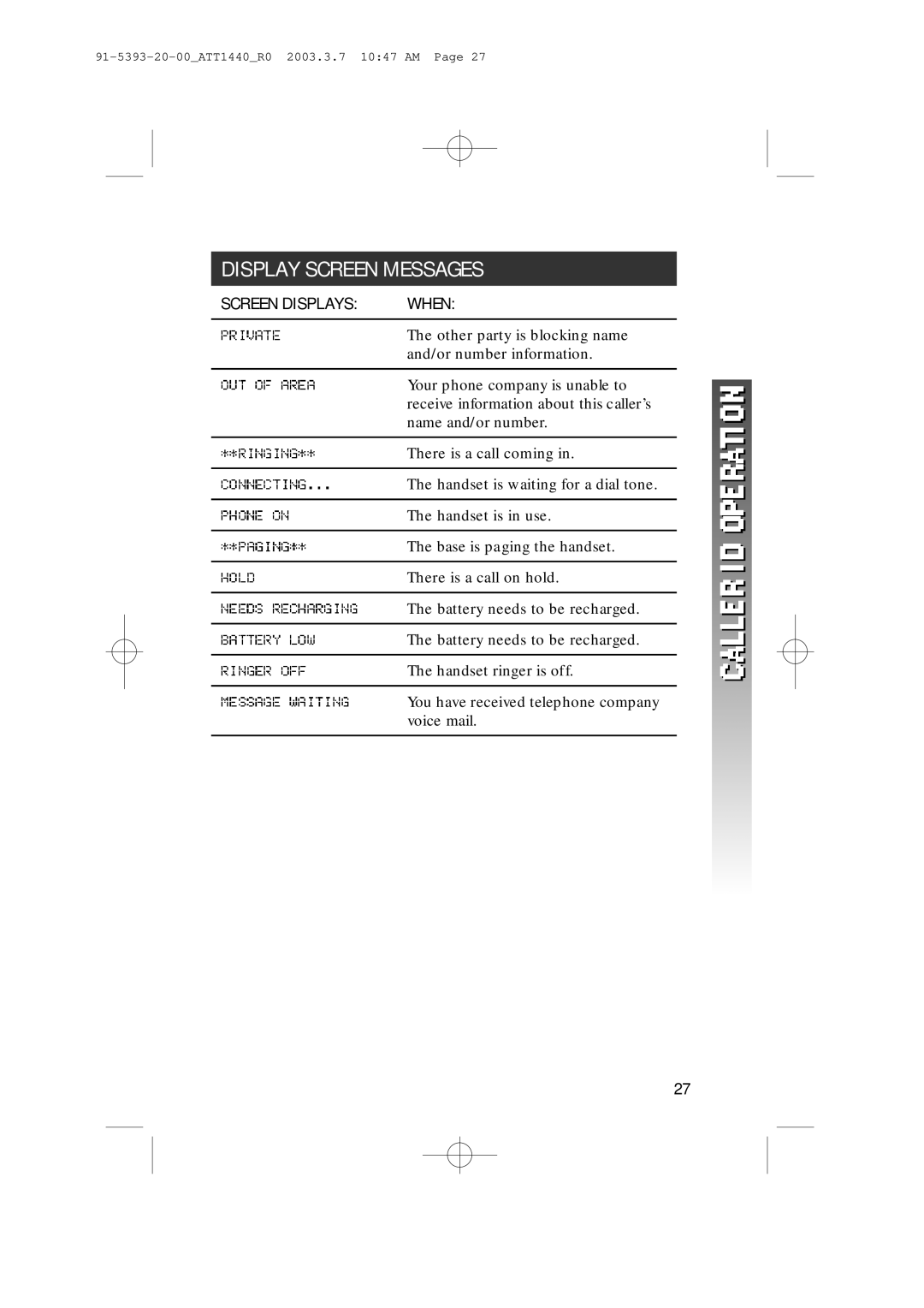 AT&T 1440 user manual Display Screen Messages 