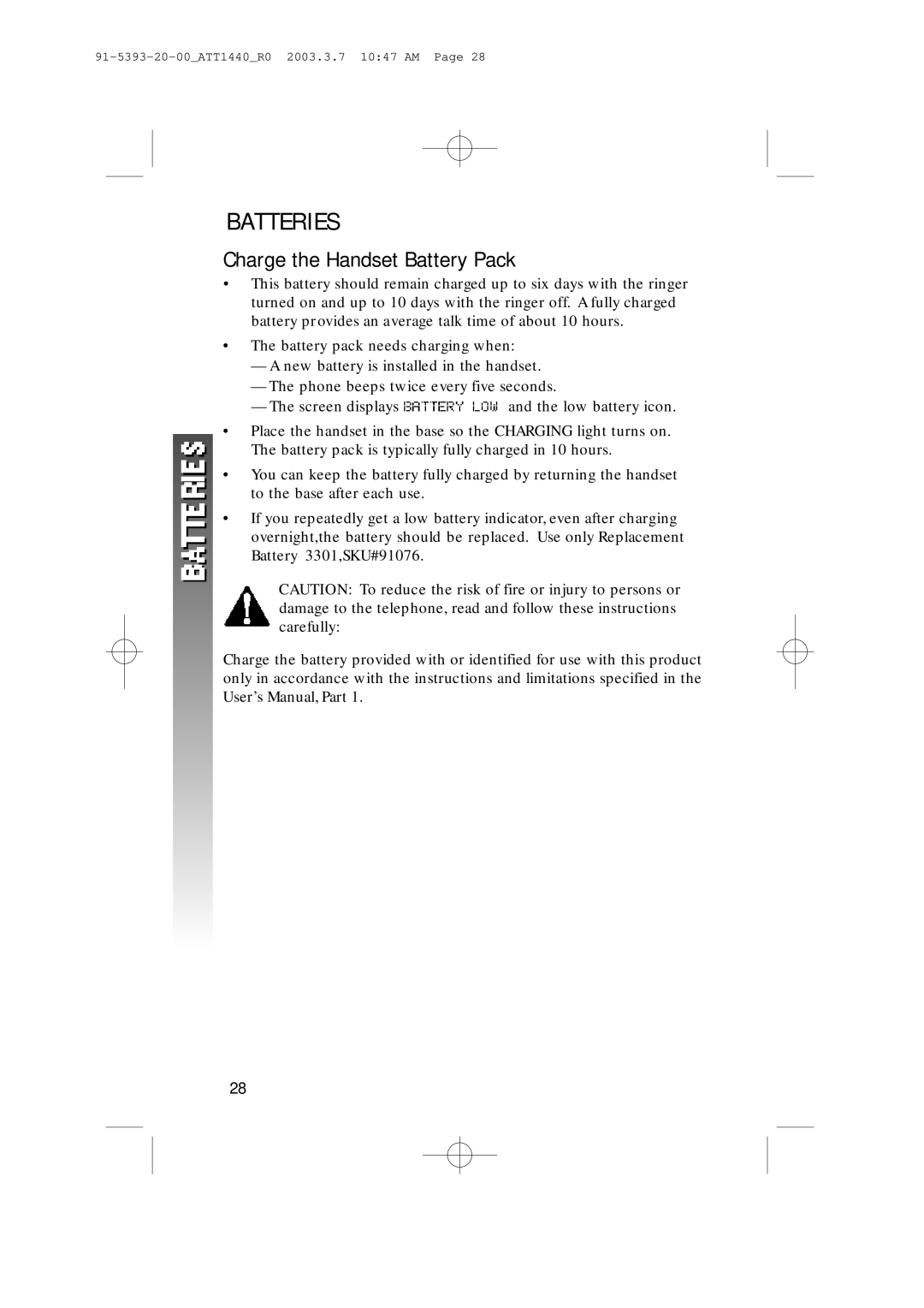 AT&T 1440 user manual Batteries, Charge the Handset Battery Pack 