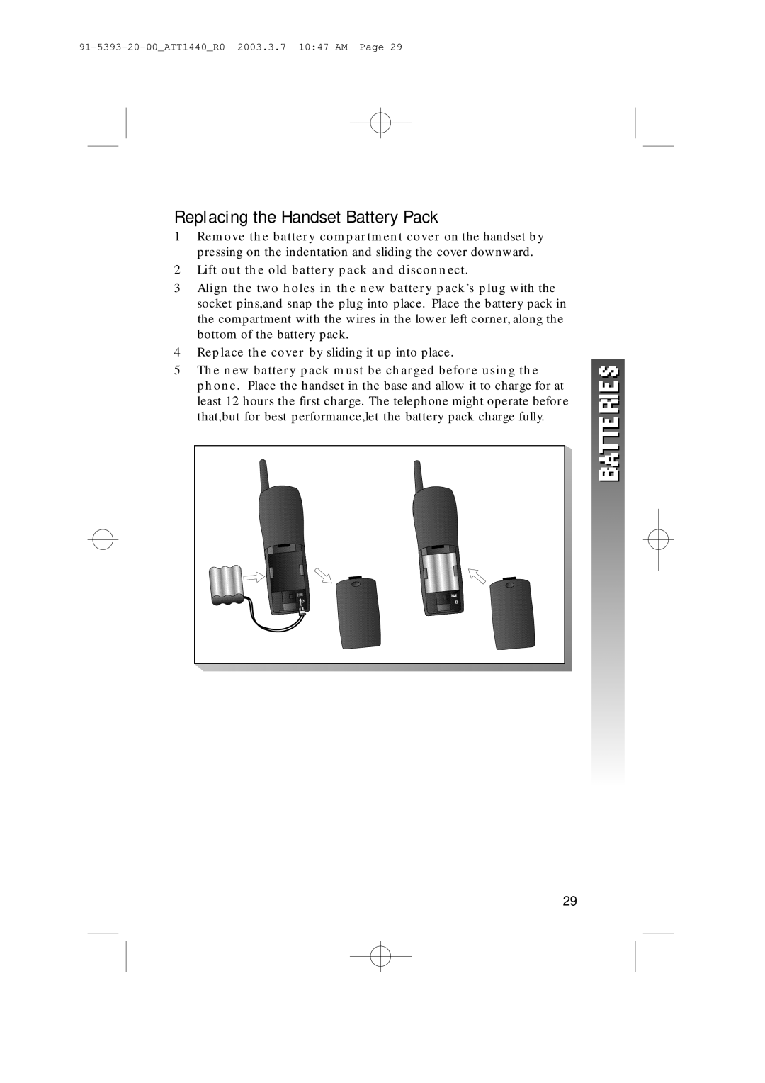 AT&T 1440 user manual Replacing the Handset Battery Pack 