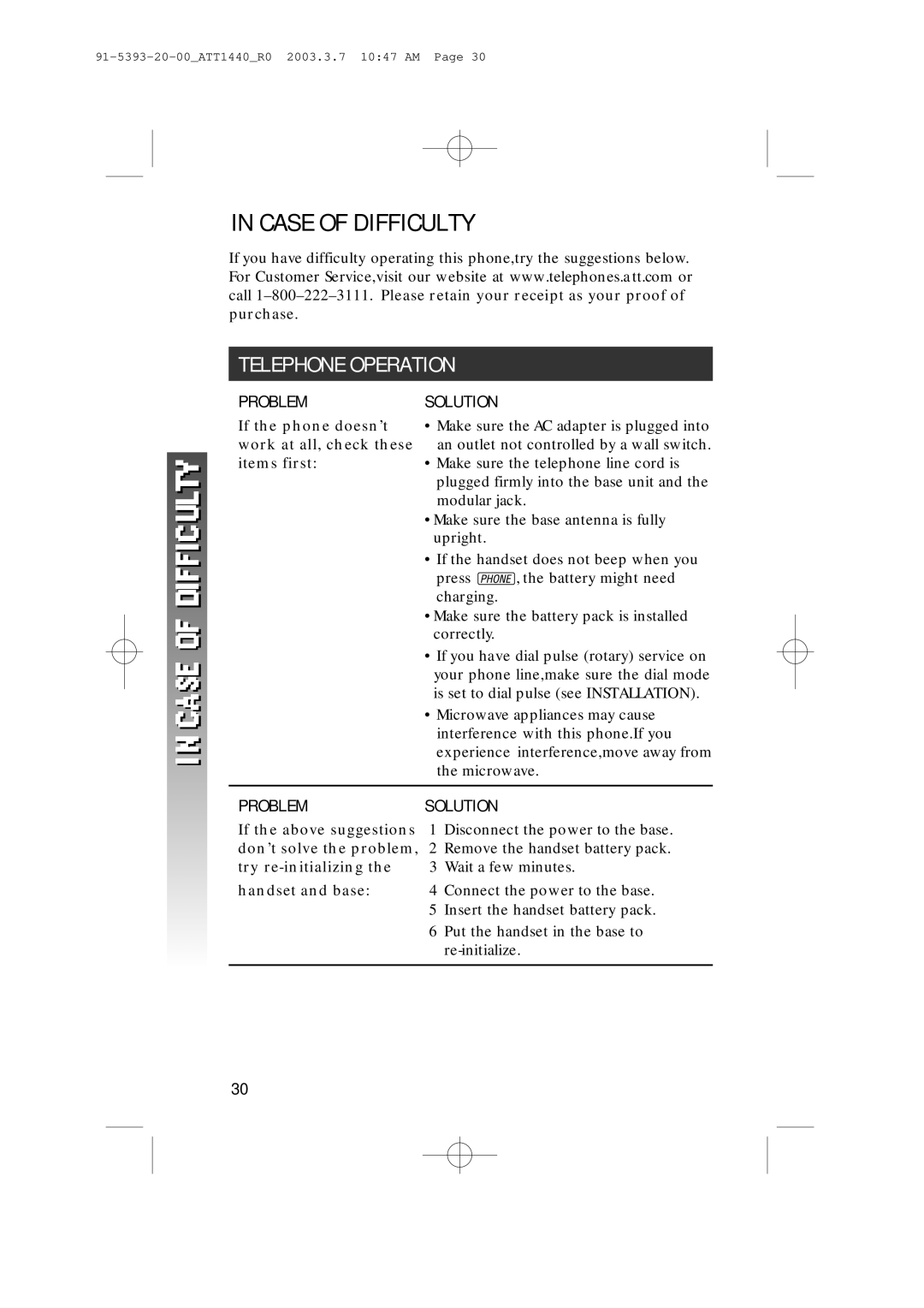 AT&T 1440 user manual Case of Difficulty, Telephone Operation 