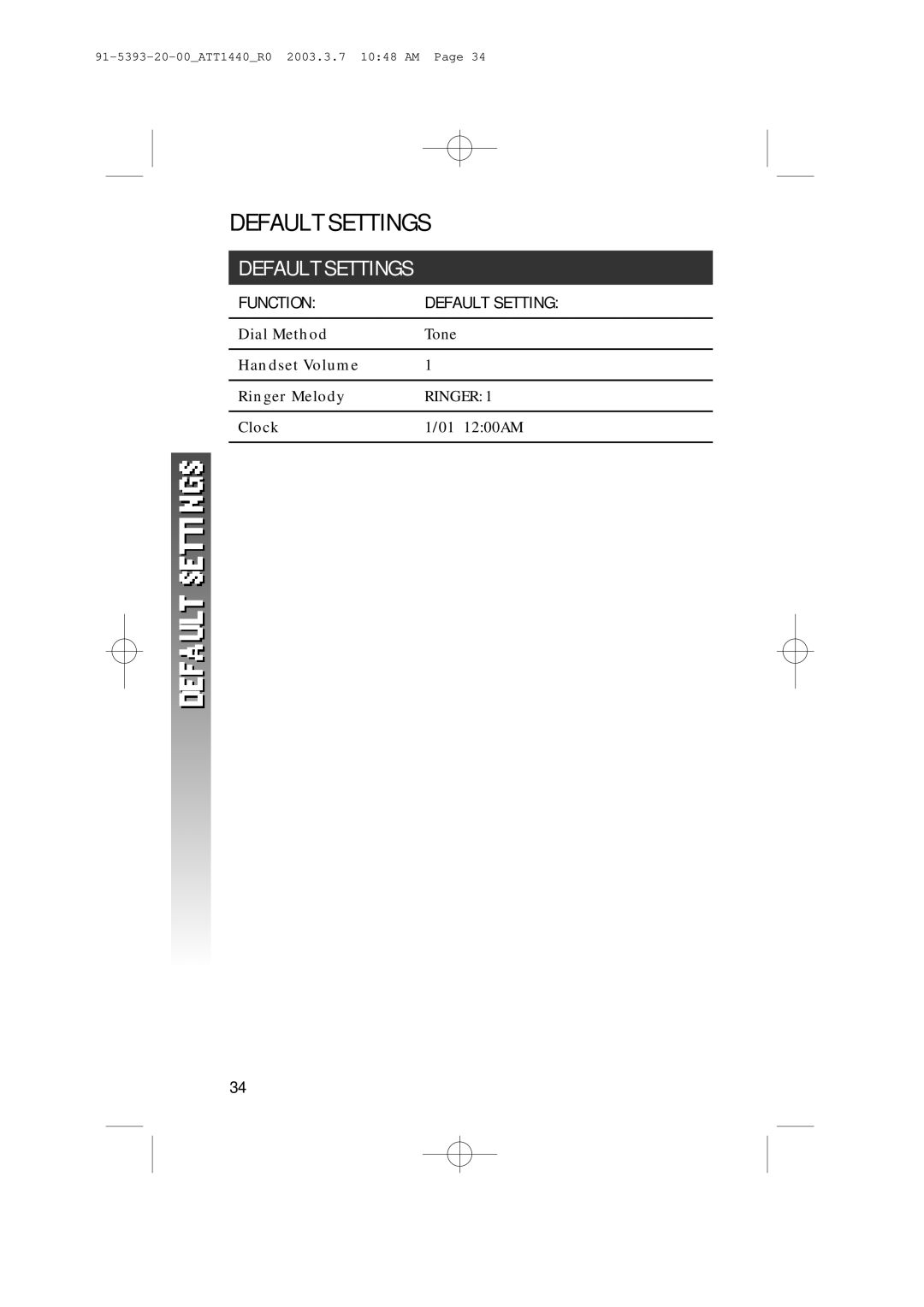 AT&T 1440 user manual Default Settings 