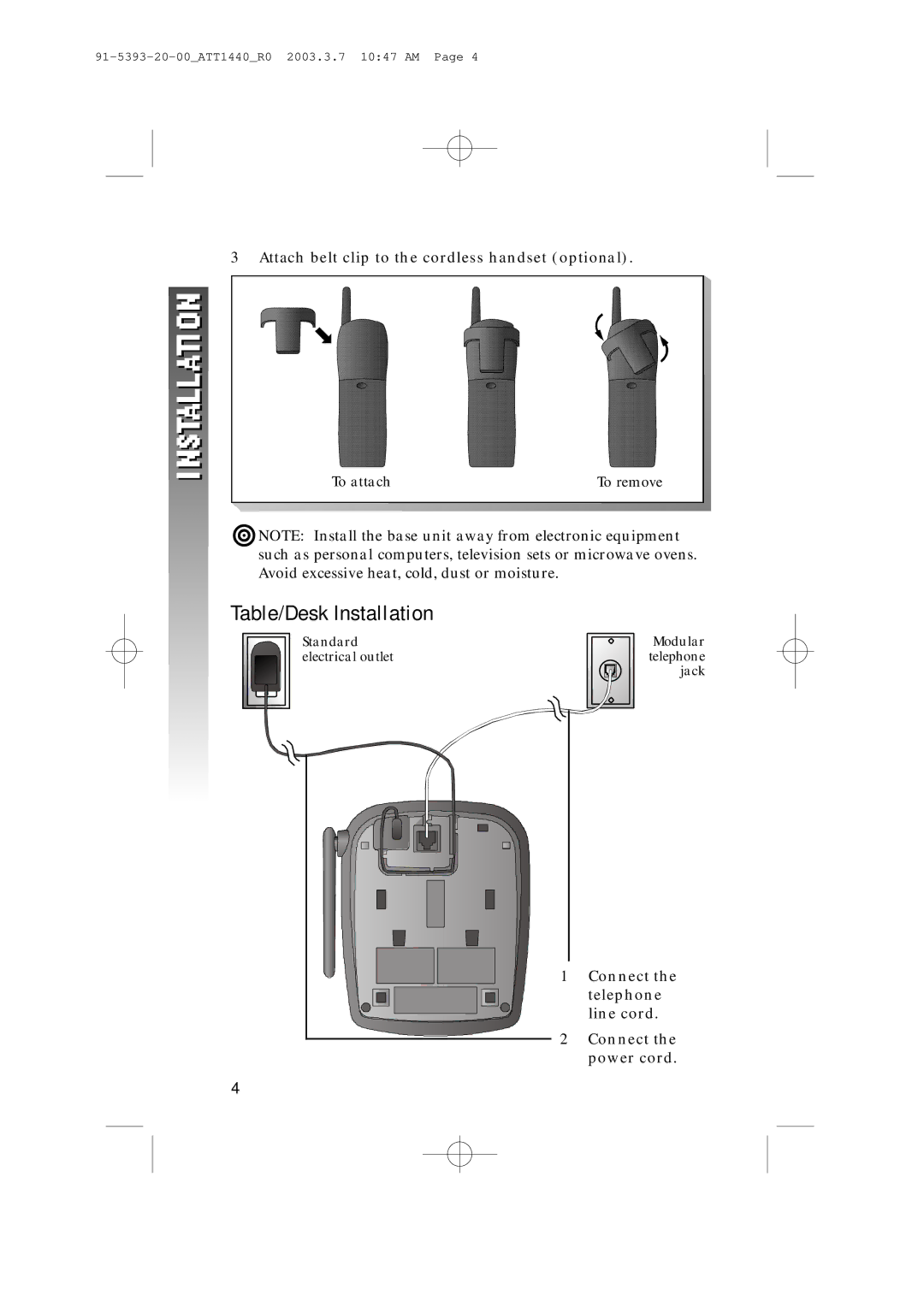 AT&T 1440 user manual Table/Desk Installation, Attach belt clip to the cordless handset optional 