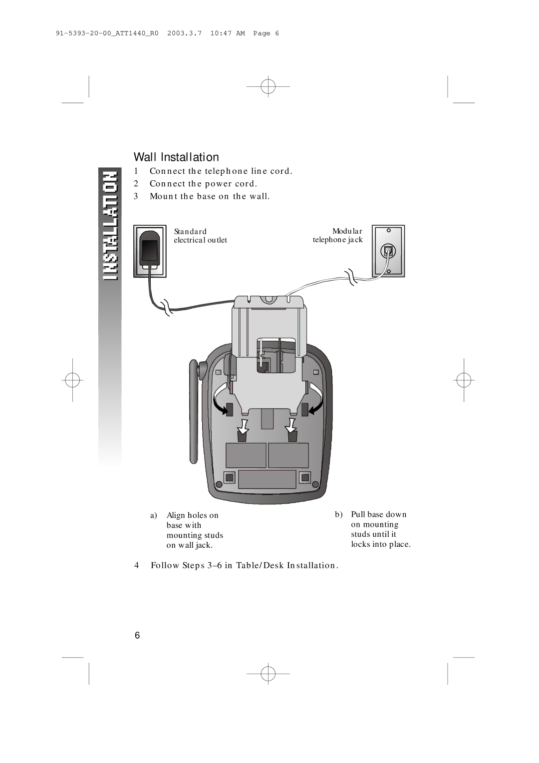 AT&T 1440 user manual Wall Installation 