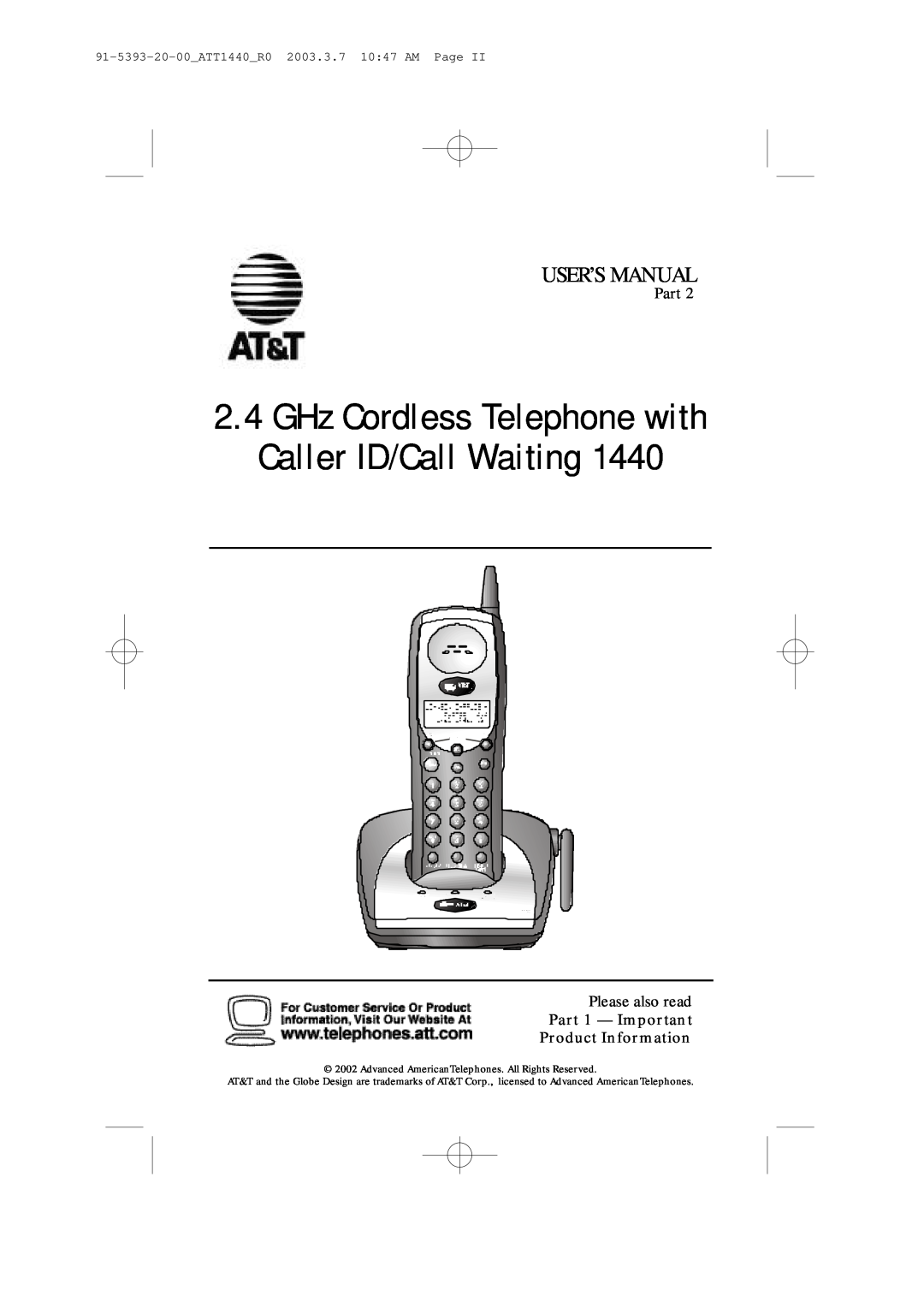 AT&T 1440 user manual Part 1 - Important Product Information, GHz Cordless Telephone with Caller ID/Call Waiting 