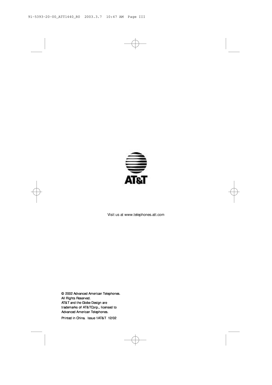 AT&T user manual 91-5393-20-00ATT1440R0 2003.3.7 1047 AM Page, Advanced American Telephones All Rights Reserved 