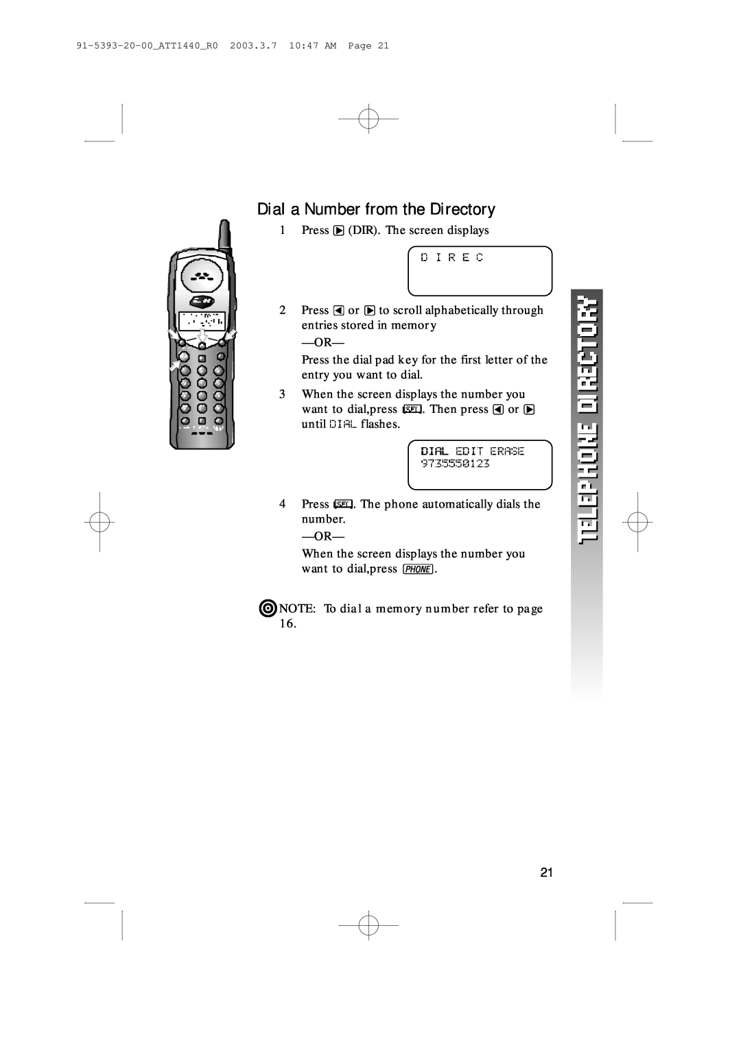 AT&T 1440 user manual Dial a Number from the Directory, ¥NOTE16. To dial a memory number refer to page 