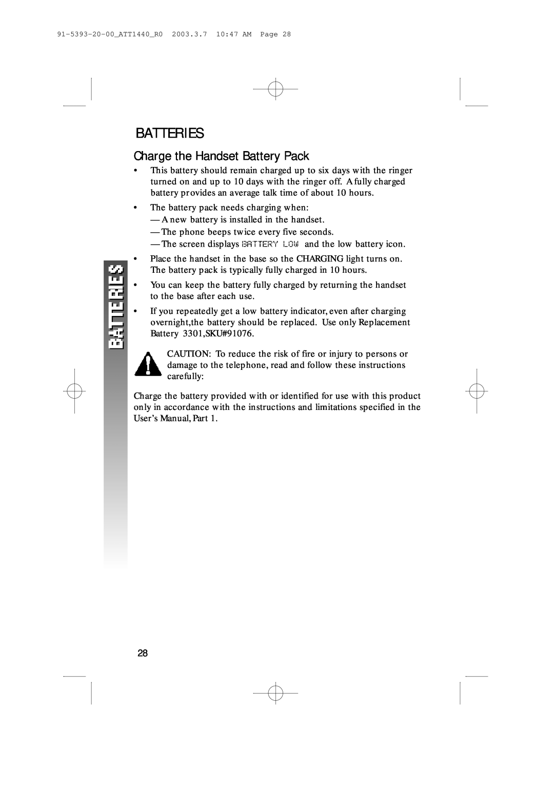 AT&T 1440 user manual Batteries, Charge the Handset Battery Pack 