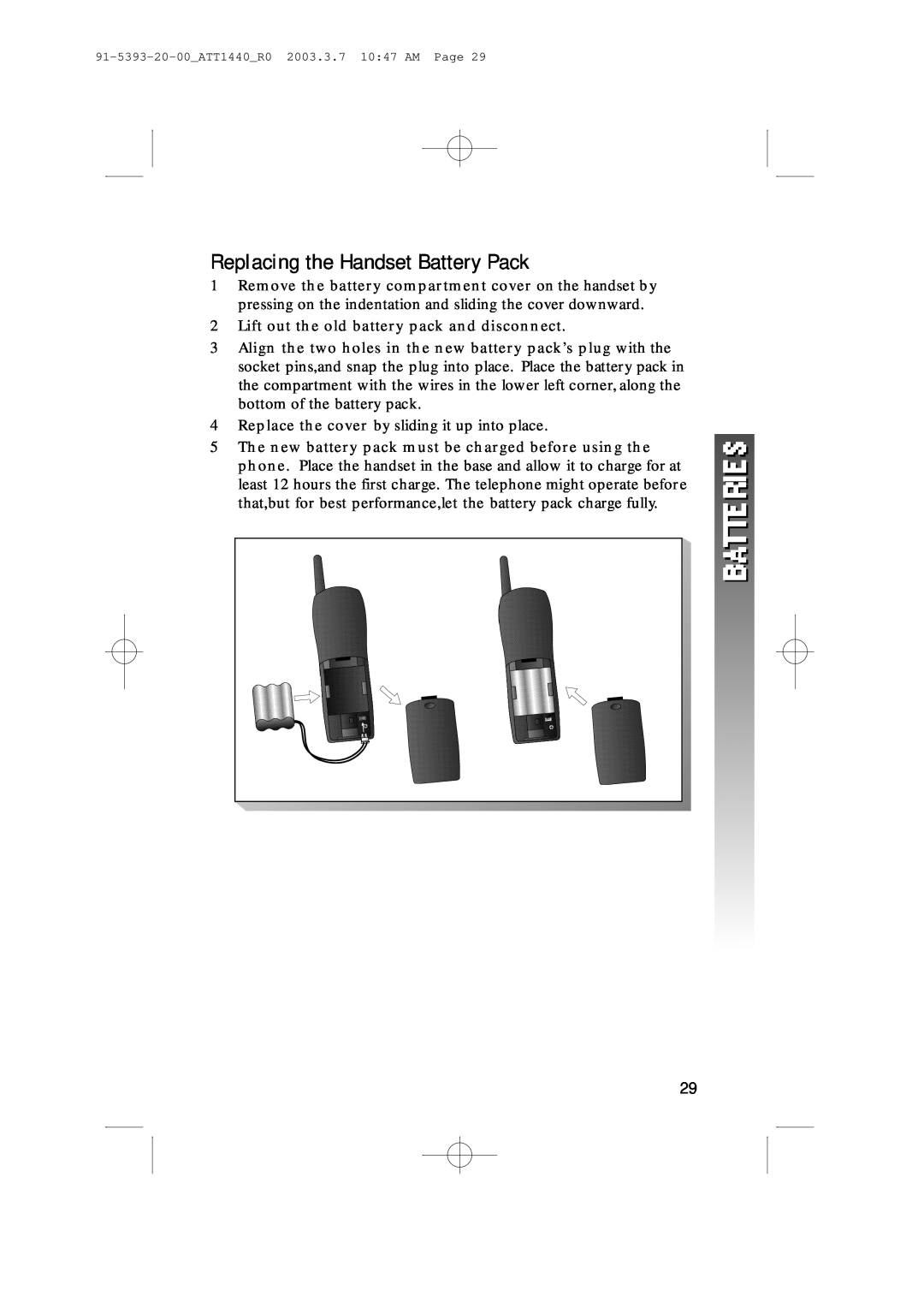 AT&T 1440 user manual Replacing the Handset Battery Pack, Lift out the old battery pack and disconnect 
