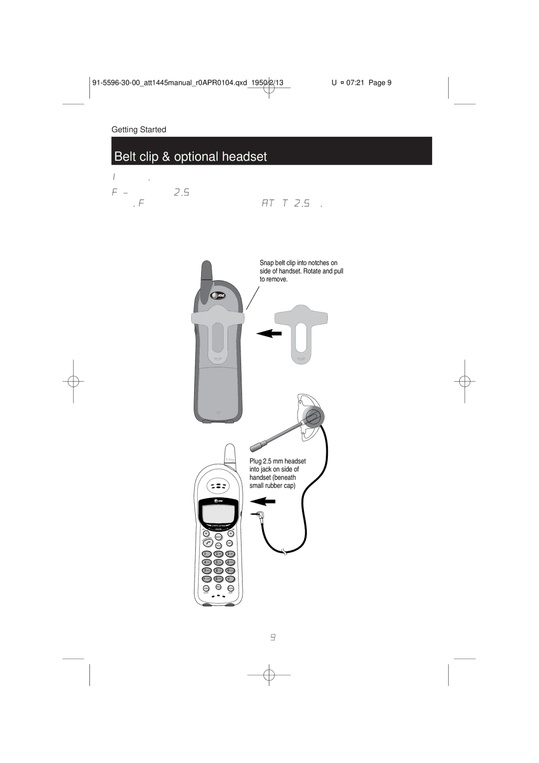 AT&T 1445/1145 user manual Belt clip & optional headset, Install belt clip as shown below if desired 