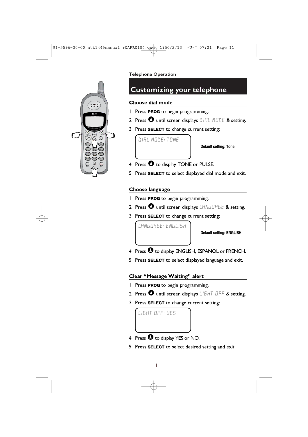 AT&T 1445/1145 user manual Choose dial mode, Choose language, Clear Message Waiting alert 