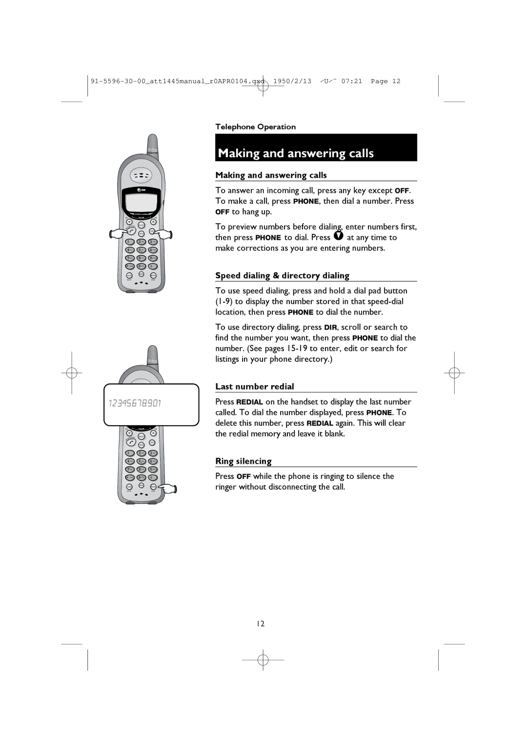 AT&T 1445/1145 Making and answering calls, Speed dialing & directory dialing, Last number redial, Ring silencing 