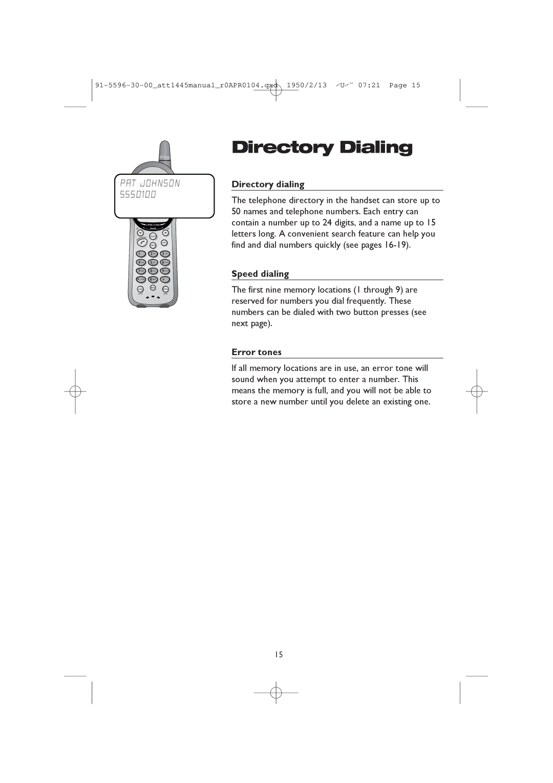 AT&T 1445/1145 user manual Directory Dialing 