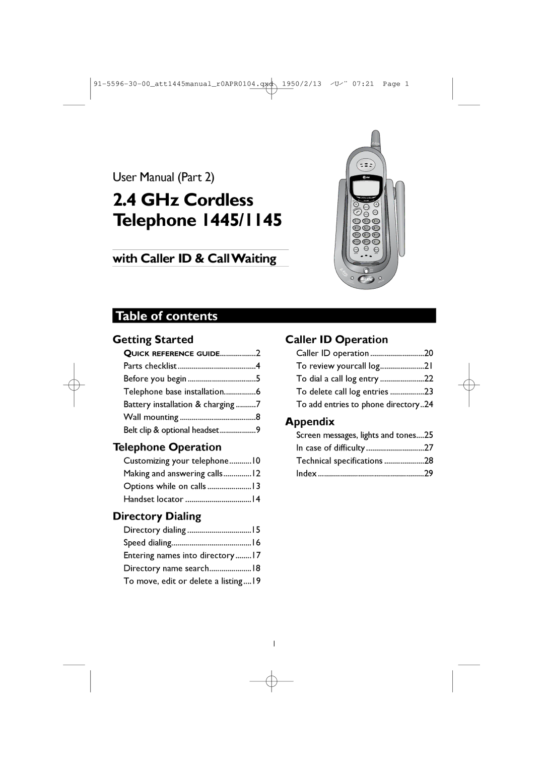 AT&T user manual GHz Cordless Telephone 1445/1145, Table of contents 