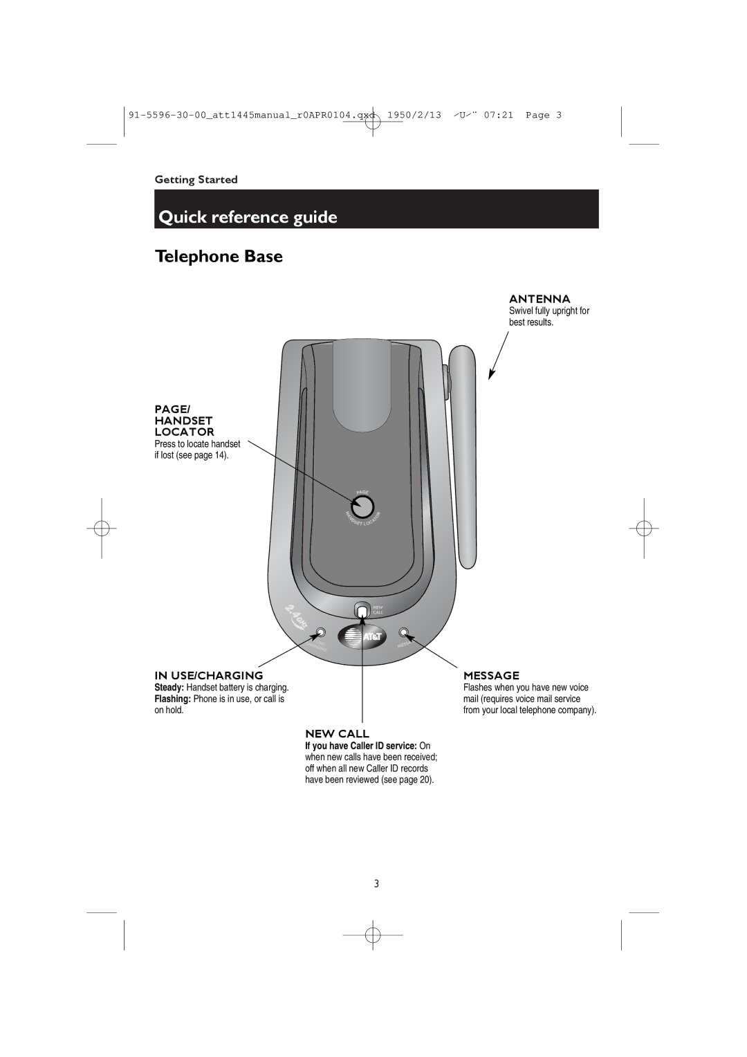 AT&T 1445/1145 user manual Telephone Base 