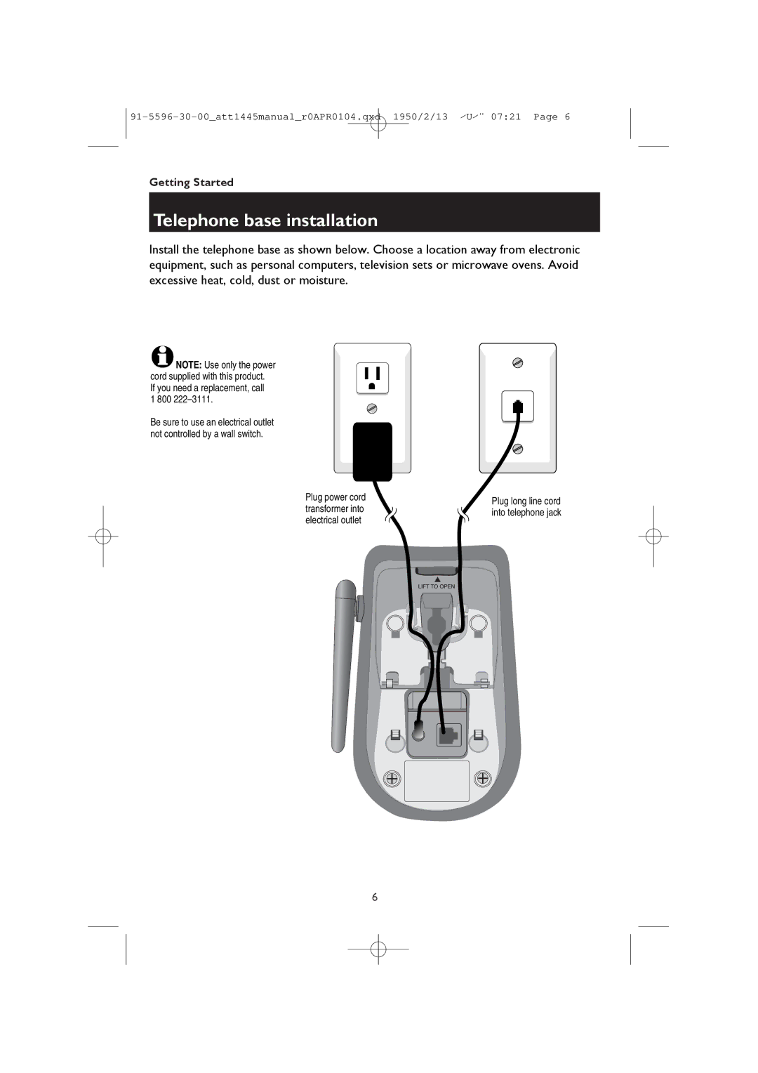 AT&T 1445/1145 user manual Telephone base installation 