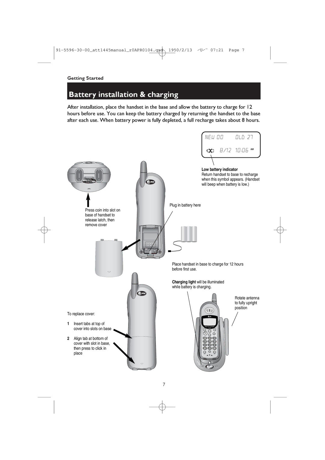 AT&T 1445/1145 user manual Battery installation & charging, Low battery indicator 