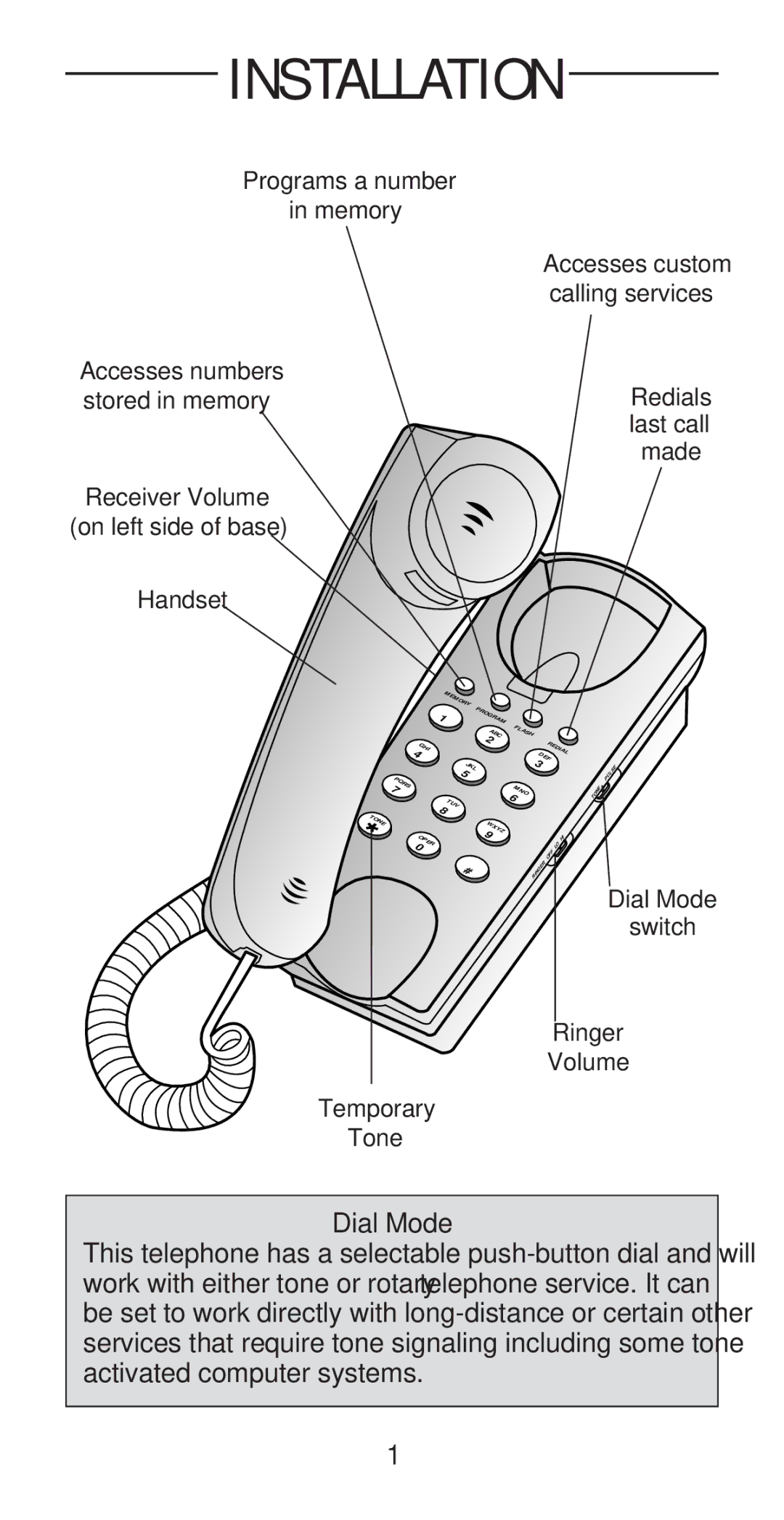 AT&T 145 user manual Installation, Dial Mode 