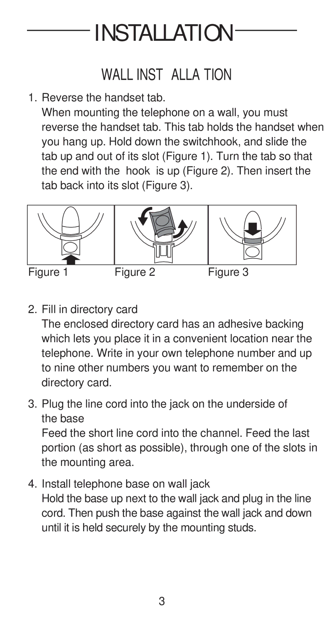 AT&T 145 Wall Installation, Reverse the handset tab, Fill in directory card, Install telephone base on wall jack 