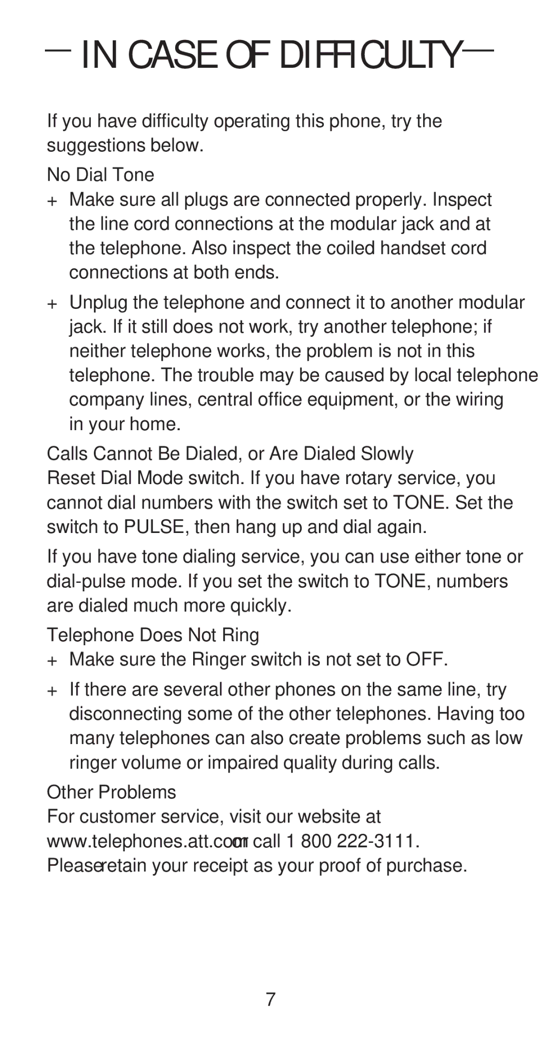 AT&T 145 Case of Difficulty, No Dial Tone, Calls Cannot Be Dialed, or Are Dialed Slowly, Telephone Does Not Ring 