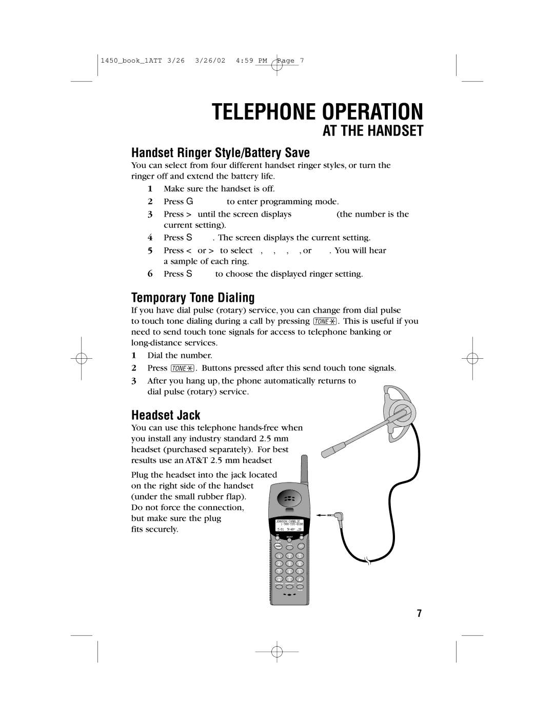 AT&T 1450 user manual Handset Ringer Style/Battery Save, Temporary Tone Dialing, Headset Jack 