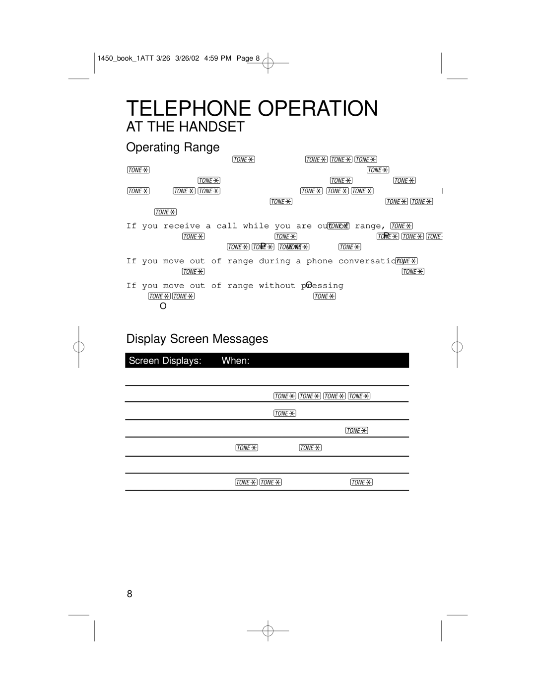 AT&T 1450 user manual Operating Range, Display Screen Messages 