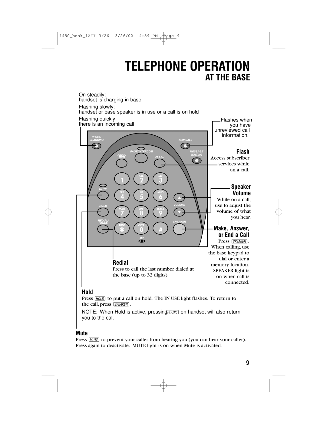 AT&T 1450 user manual AT the Base, Mute 