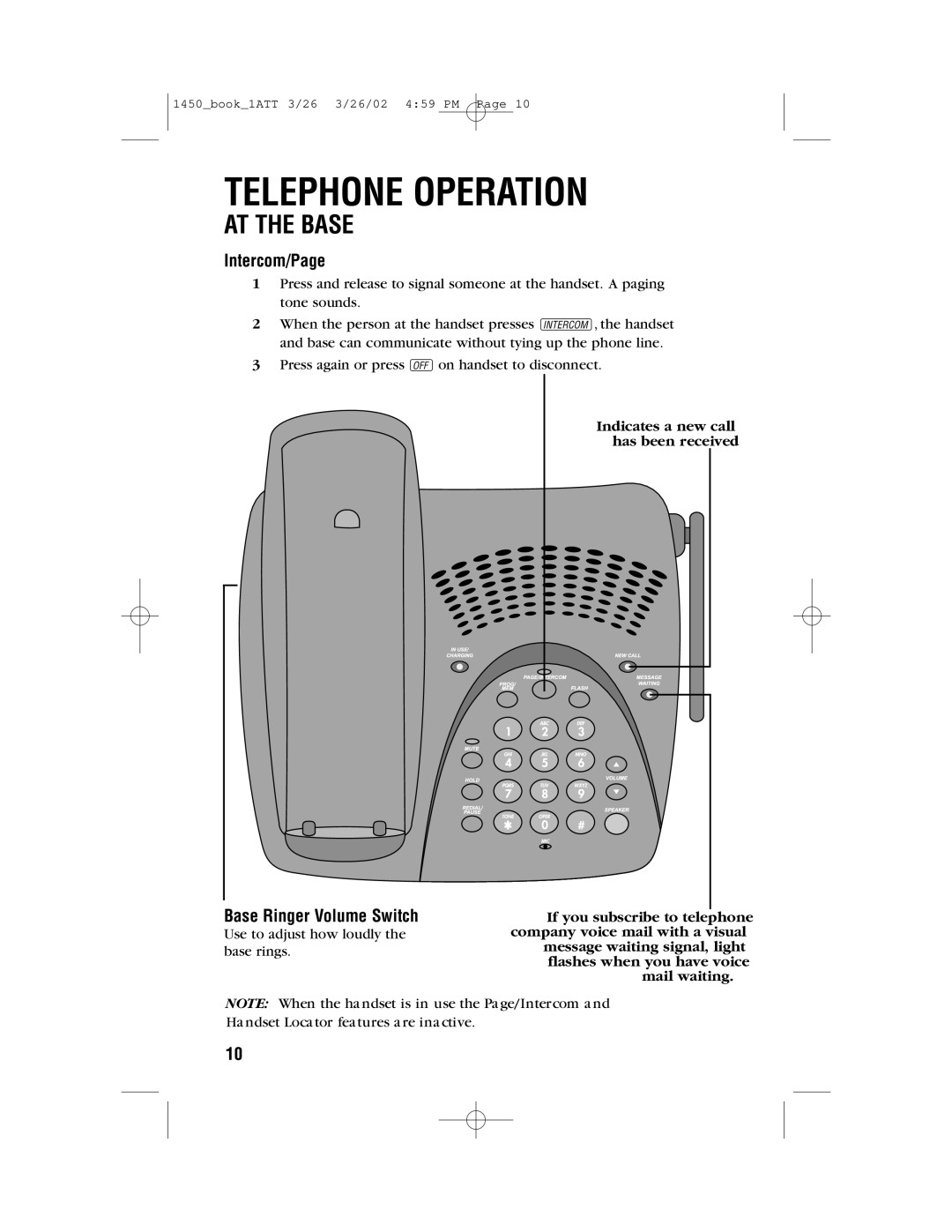 AT&T 1450 user manual Intercom/Page, Base Ringer Volume Switch 