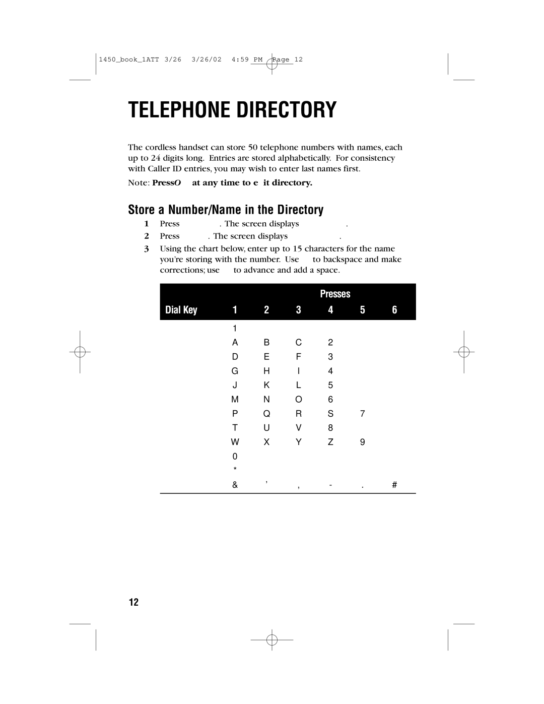 AT&T 1450 user manual Telephone Directory, Store a Number/Name in the Directory 