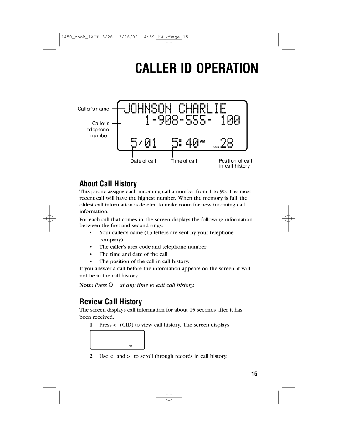 AT&T 1450 user manual Caller ID Operation, About Call History, Review Call History 