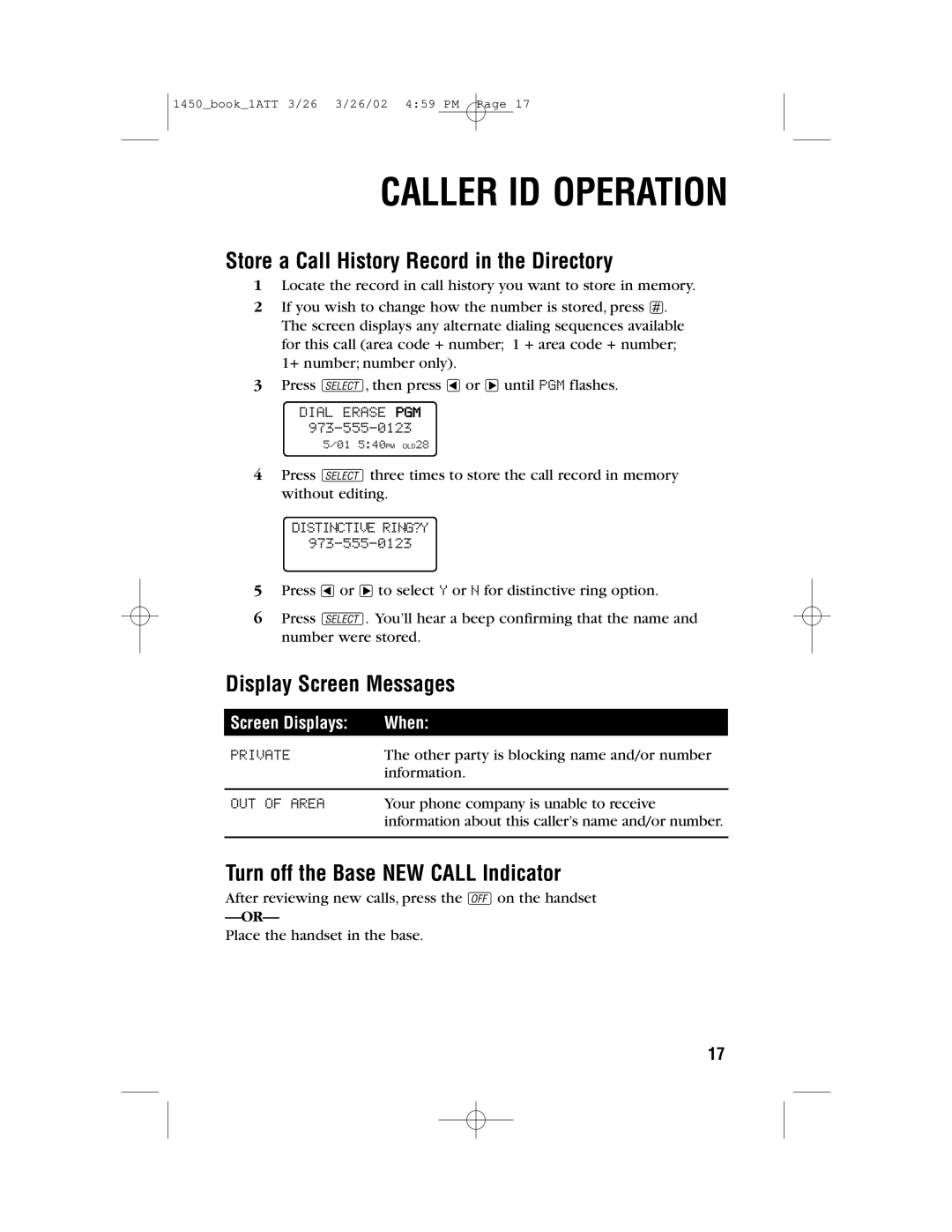 AT&T 1450 user manual Store a Call History Record in the Directory, Turn off the Base NEW Call Indicator 