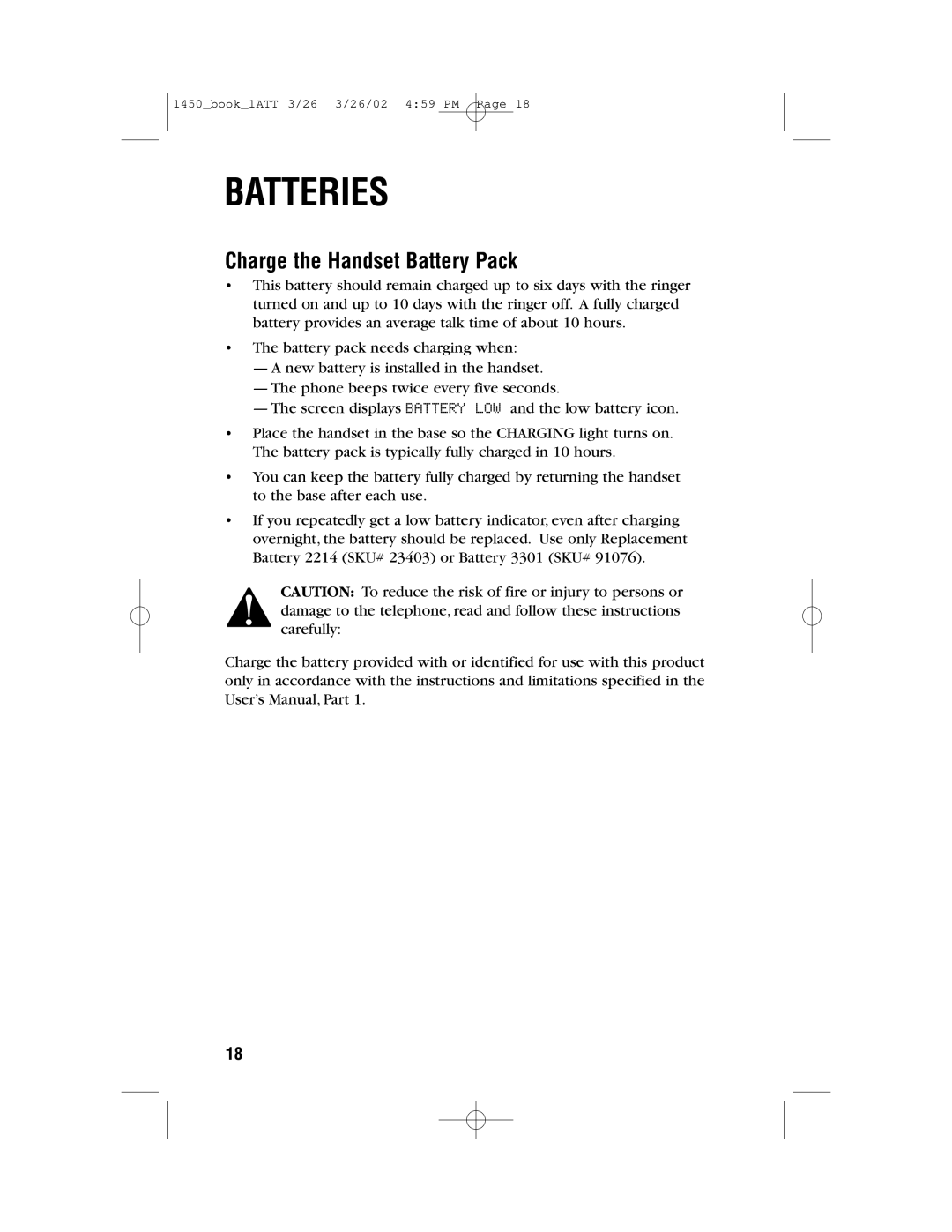 AT&T 1450 user manual Batteries, Charge the Handset Battery Pack 