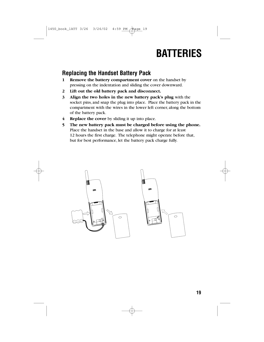 AT&T 1450 user manual Replacing the Handset Battery Pack 