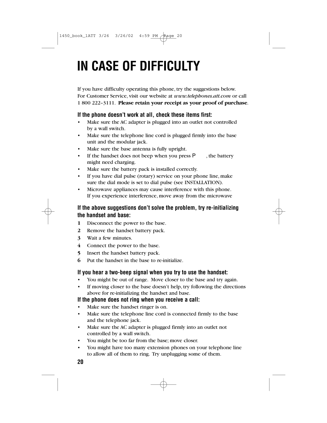 AT&T 1450 user manual Case of Difficulty, If the phone doesn’t work at all, check these items first 