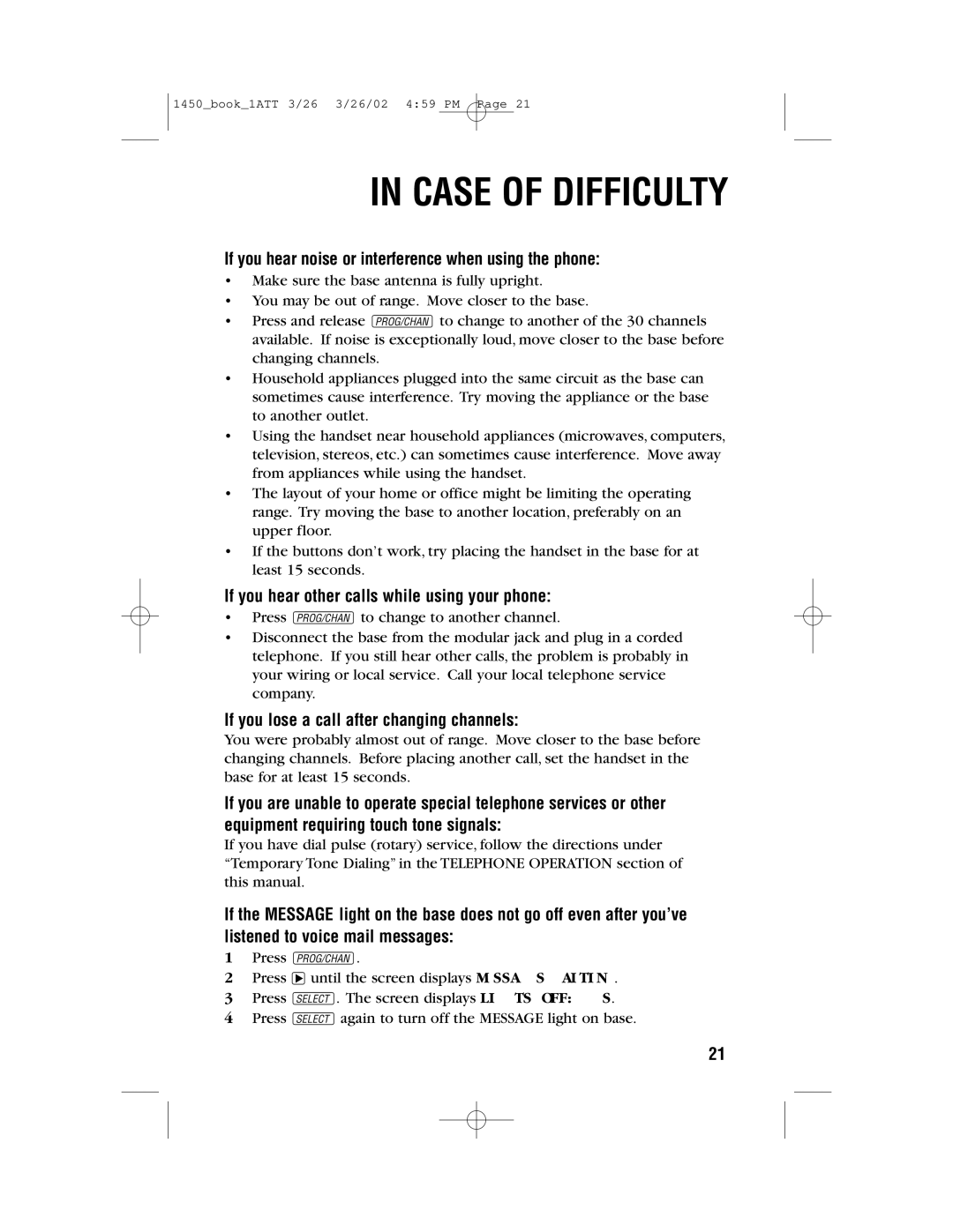 AT&T 1450 If you hear noise or interference when using the phone, If you hear other calls while using your phone 