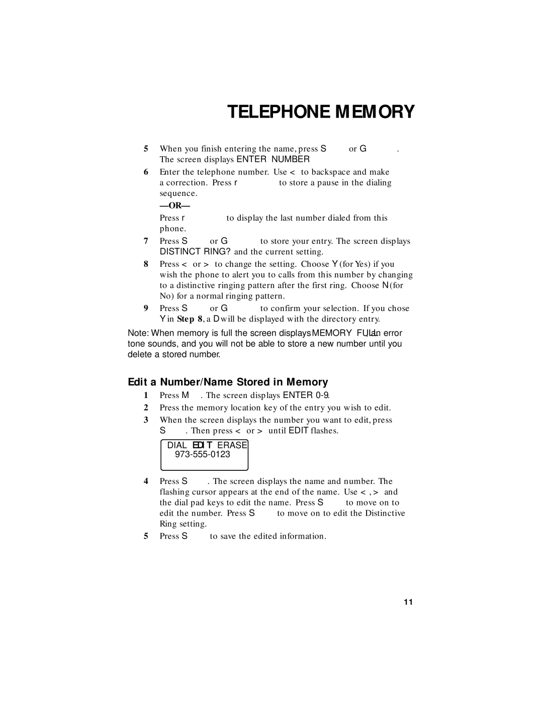 AT&T 1455 user manual Edit a Number/Name Stored in Memory, Dial Edit Erase 