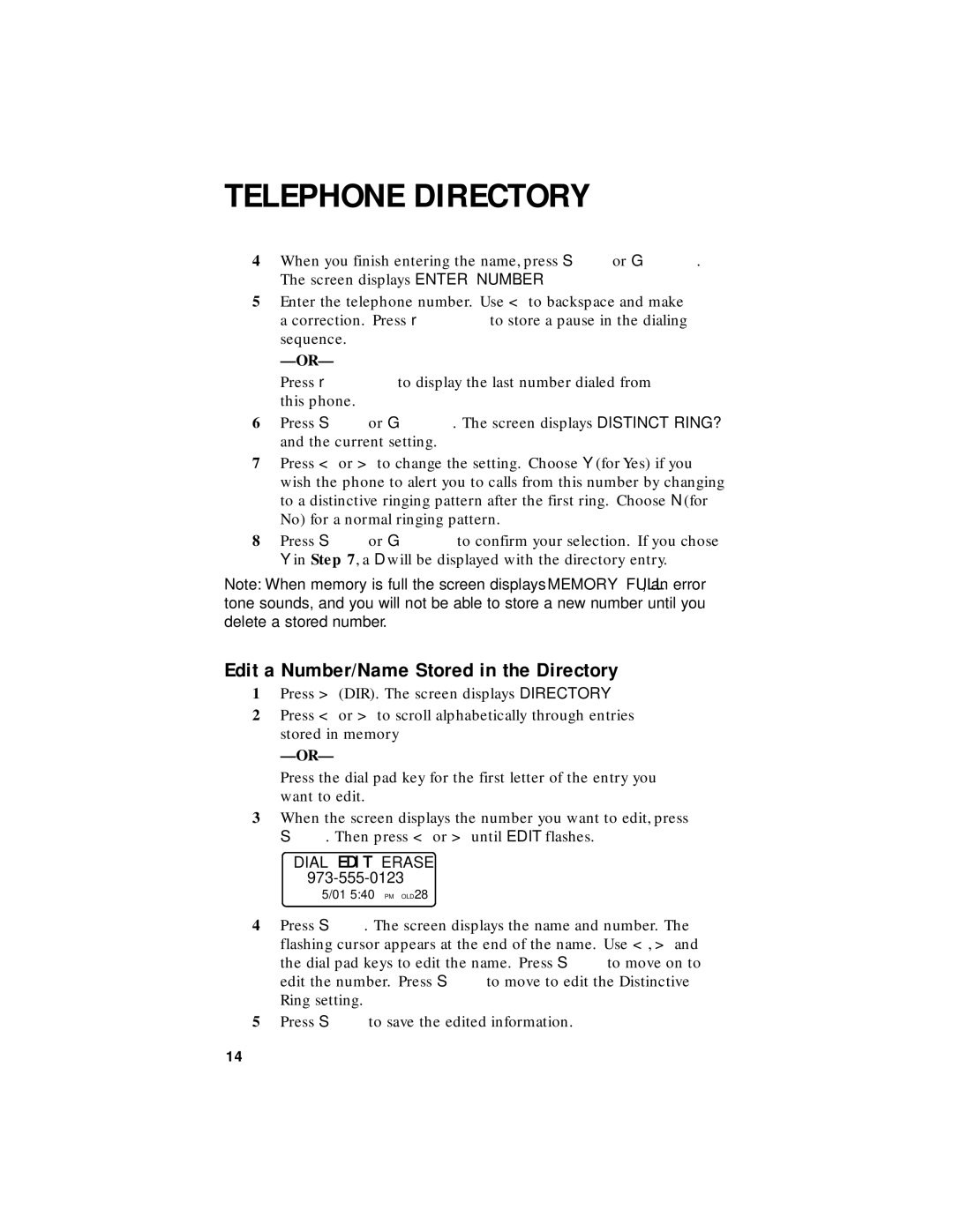 AT&T 1455 user manual Edit a Number/Name Stored in the Directory 