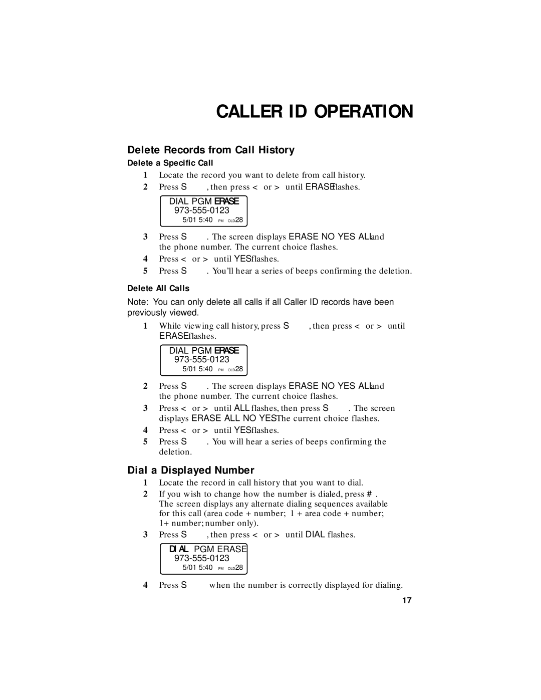 AT&T 1455 user manual Delete Records from Call History, Dial a Displayed Number, Delete a Specific Call, Delete All Calls 