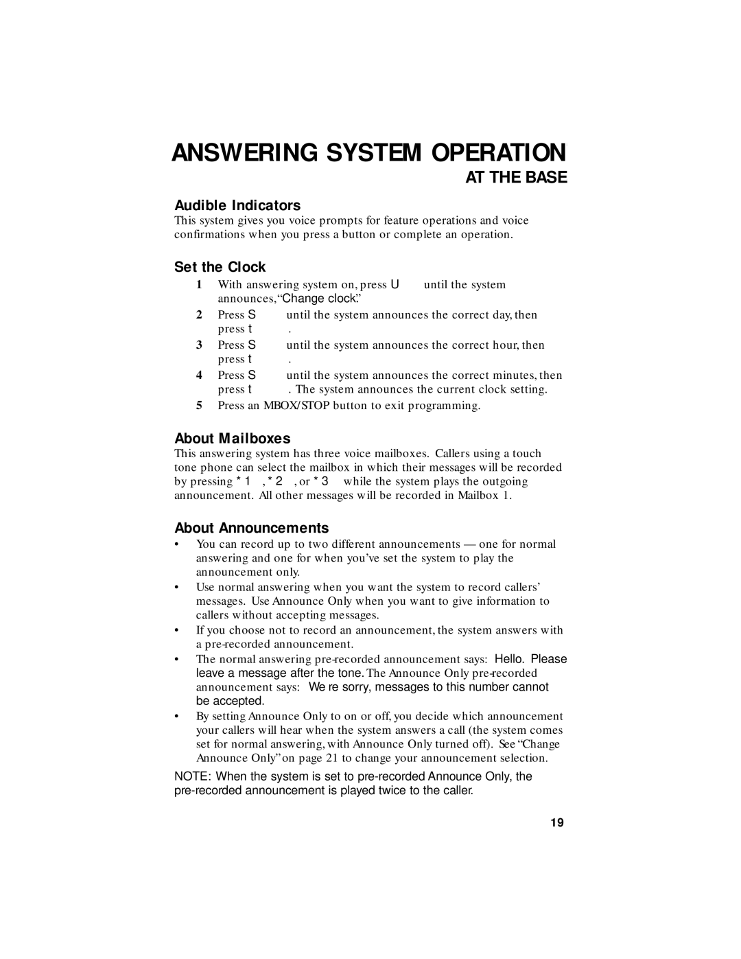 AT&T 1455 user manual Headlineattherbase-Sub, Audible Indicators, Set the Clock, About Mailboxes, About Announcements 