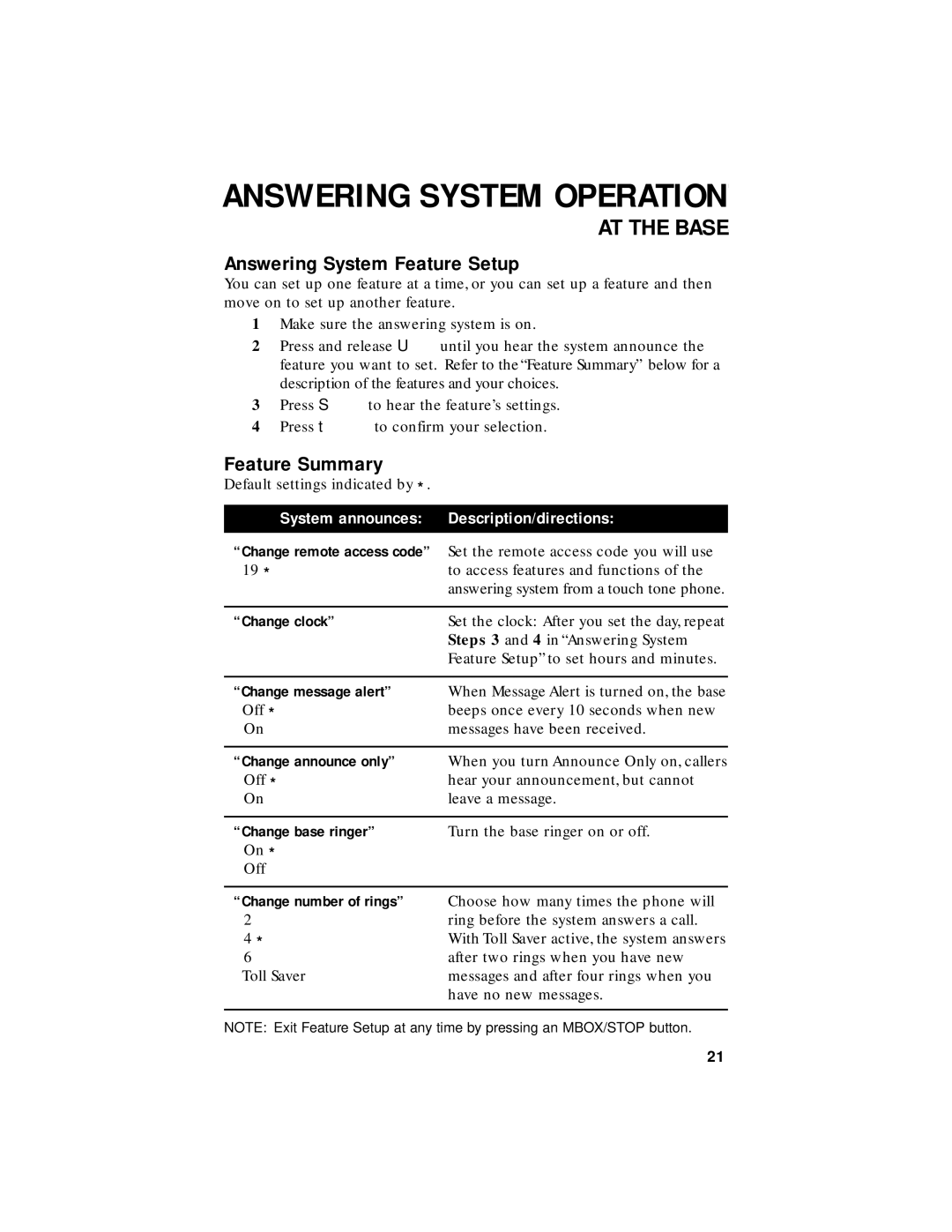 AT&T 1455 user manual Answering System Feature Setup, Feature Summary 