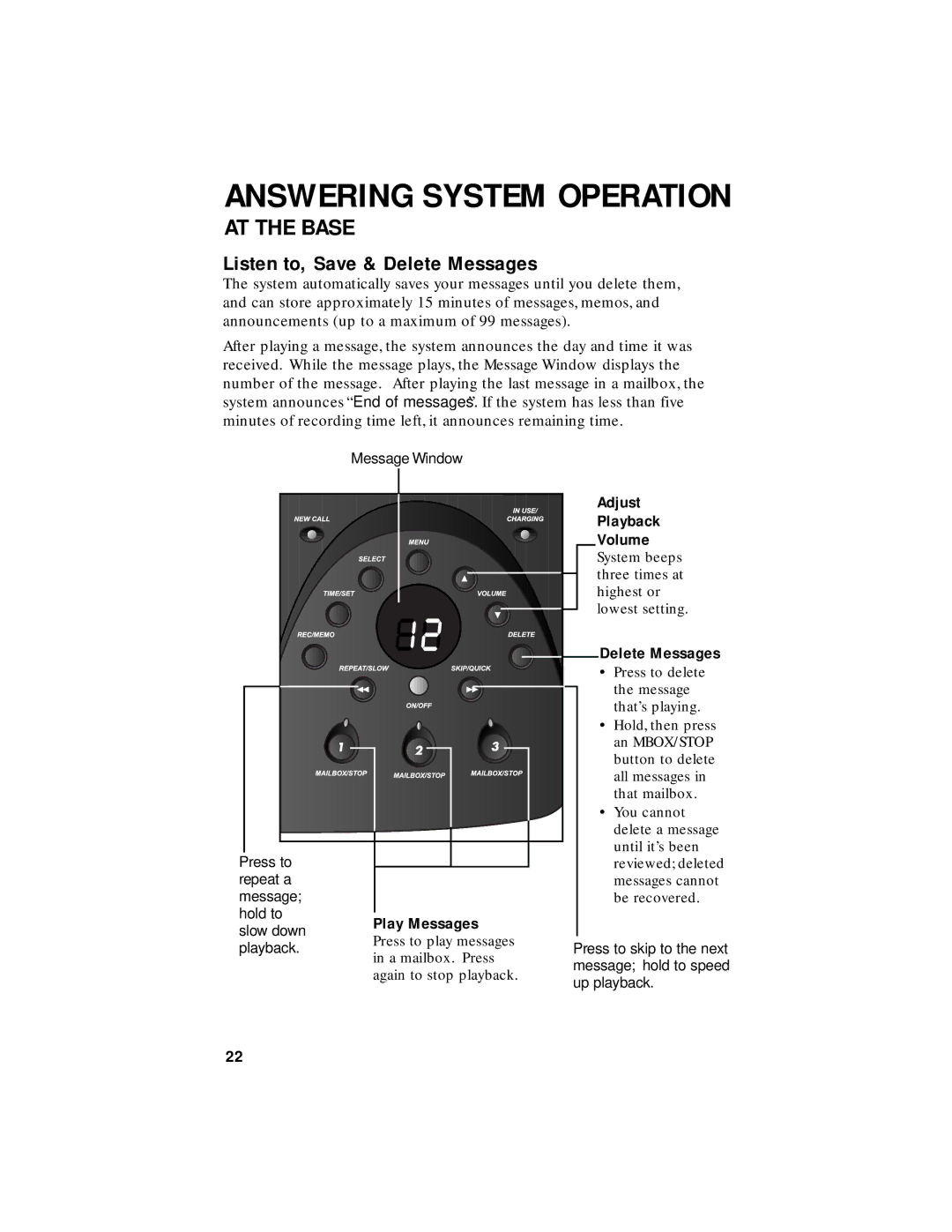 AT&T 1455 user manual Atheadlinethe BASEL-SUB, Listen to, Save & Delete Messages, Adjust Playback Volume 