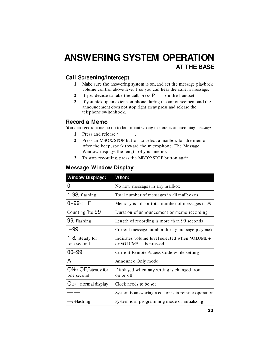 AT&T 1455 user manual Call Screening/Intercept, Record a Memo, Message Window Display 