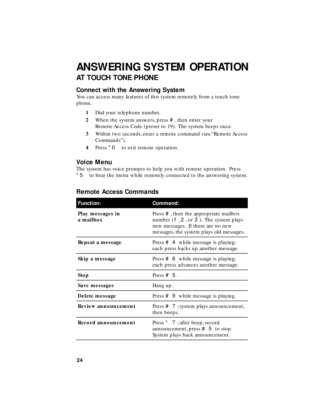 AT&T 1455 user manual AT Touch Tone Phone, Connect with the Answering System, Voice Menu, Remote Access Commands 